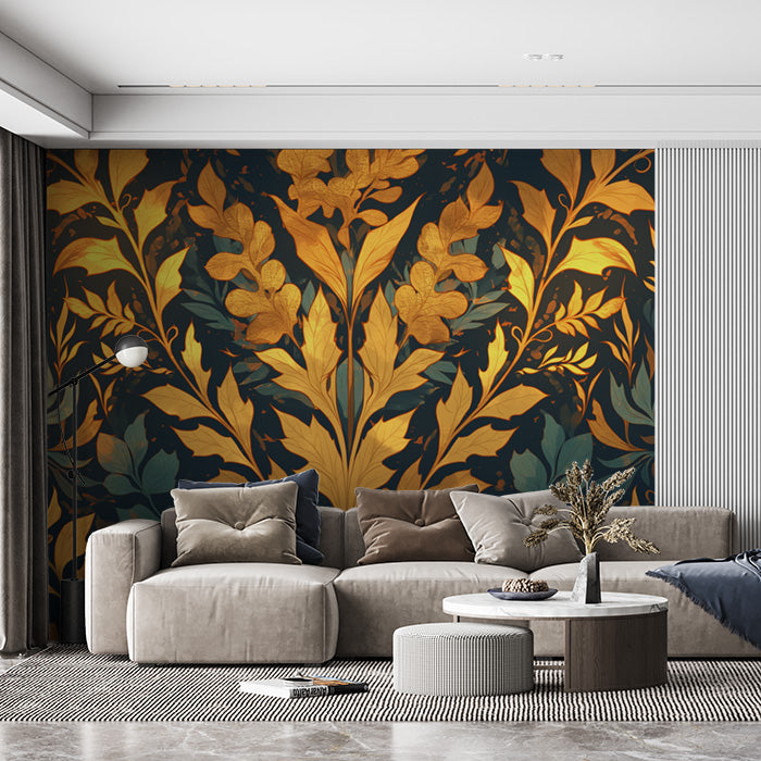 Dark Leafy Wallpaper in Living Room | Various Colors (Gold, Green, Black, etc) of Leaves