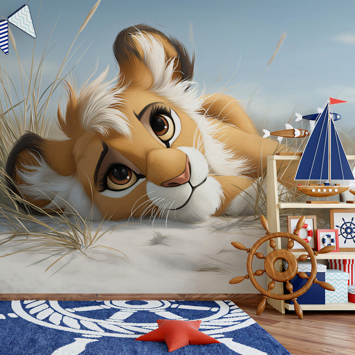 Adorable Lion Cub Beach Mural Wallpaper | Realistic Fur, Soft Focus, Cozy Sand Dune Scene