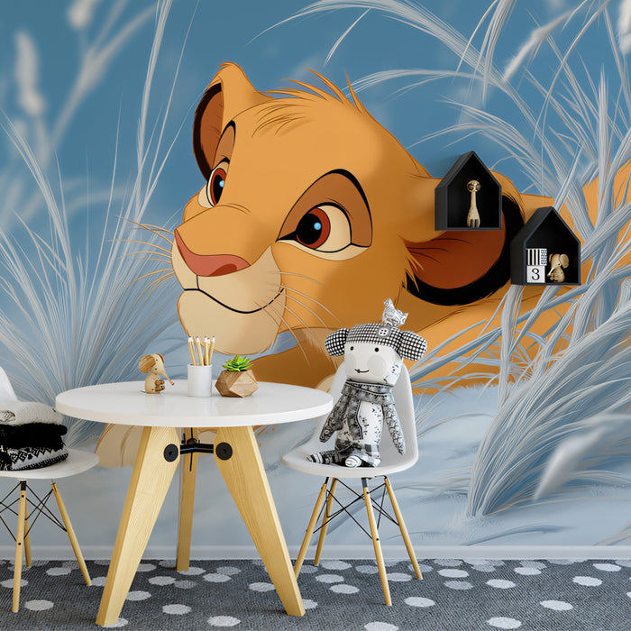 Playful Lion Cub Snow Mural Wallpaper | Cinematic Style, Cool Blue Palette, Winter Savanna Scene