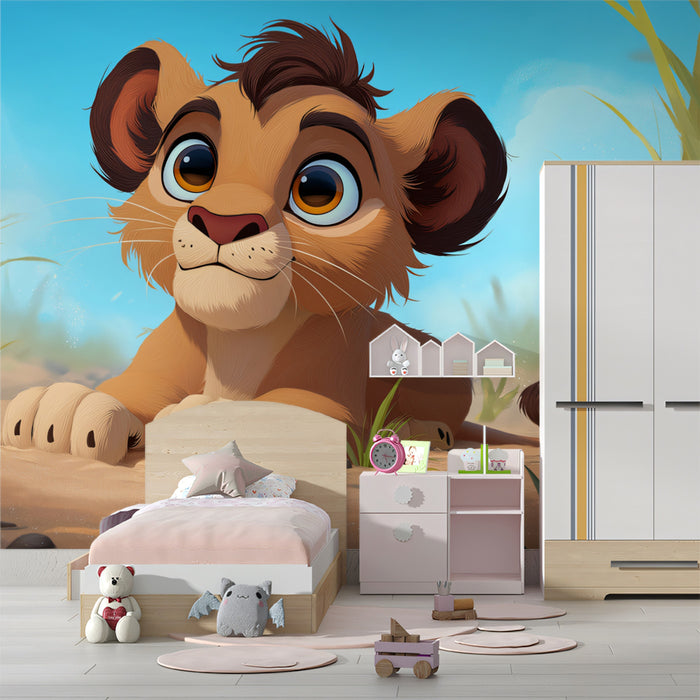 Cartoon Lion Cub Sunny Savanna Mural Wallpaper | Bright Blue Sky, Friendly Character Design, Playful Vibe