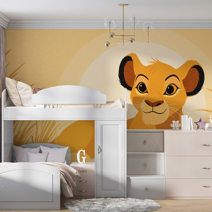 Stylized Lion Cub Sunset Mural Wallpaper | Flat Graphic Art, Warm Monochromatic Palette, Modern Nursery