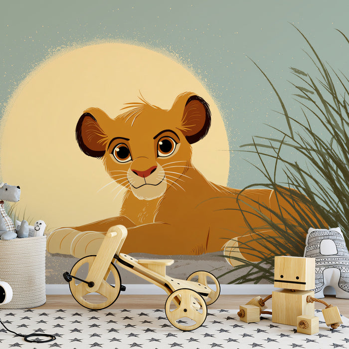 Flat Graphic Lion Cub Sunrise Mural Wallpaper | Clean Lines, Pale Blue Sky, Gentle Savanna Illustration
