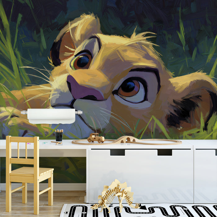 Ambush Lion Cub Oil Painting Mural Wallpaper | Dark Grass Contrast, Expressive Brushwork, Intense Focus