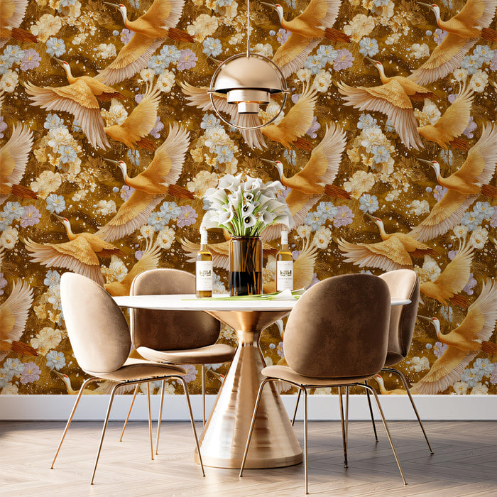 Golden Cranes Floral Pattern Mural Wallpaper | Repeating Print, Warm Brown Tones, Detailed Traditional Art