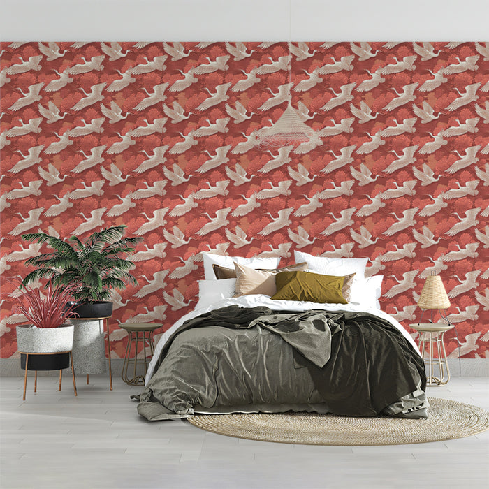 Coral Crane Repeating Pattern Mural Wallpaper | Monochromatic Pink, Ethereal Birds, Textured Chinoiserie