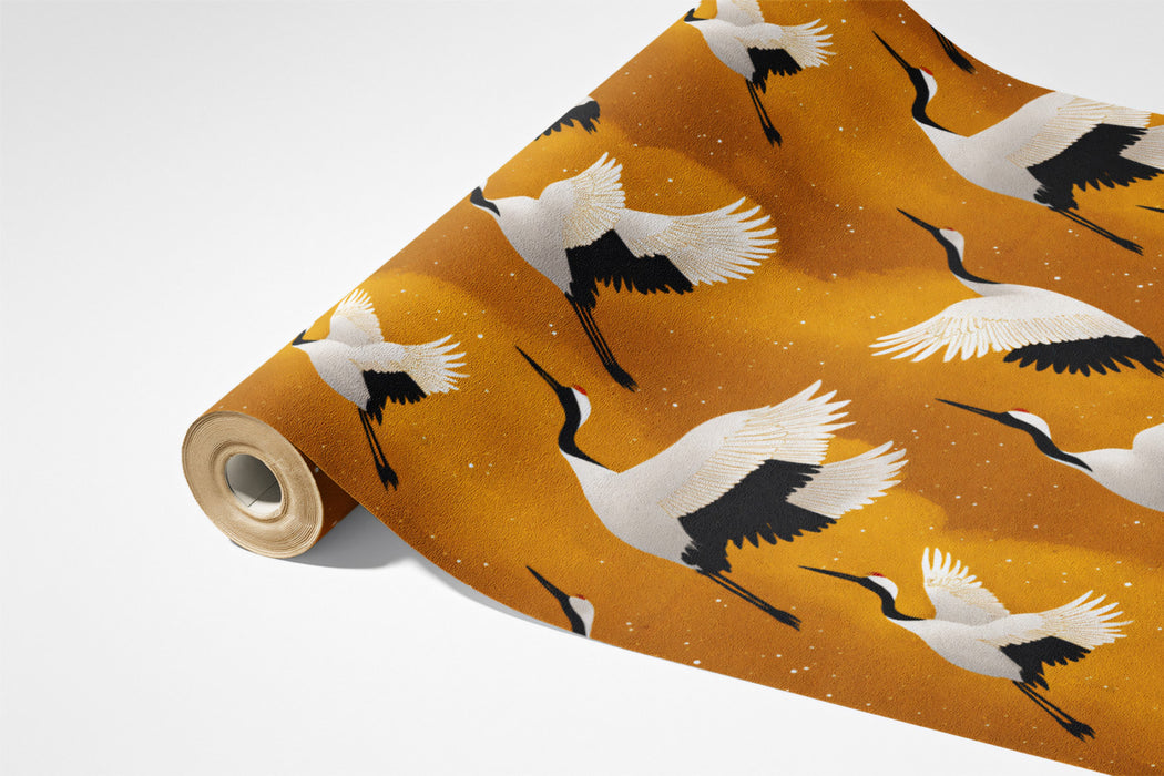 Golden Cranes Flight Pattern Mural Wallpaper | Repeating Print, High Contrast, Dynamic East Asian Motif