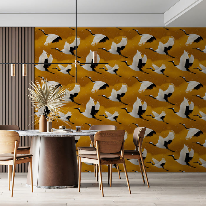 Golden Cranes Flight Pattern Mural Wallpaper | Repeating Print, High Contrast, Dynamic East Asian Motif