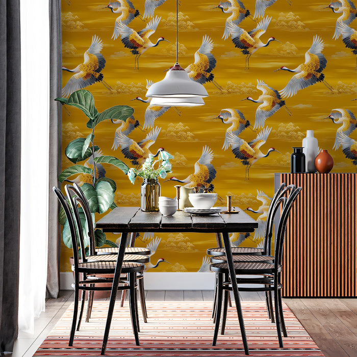 Golden Cranes Prosperity Mural Wallpaper | Repeating Print, Warm Yellow Background, Traditional Asian Motif