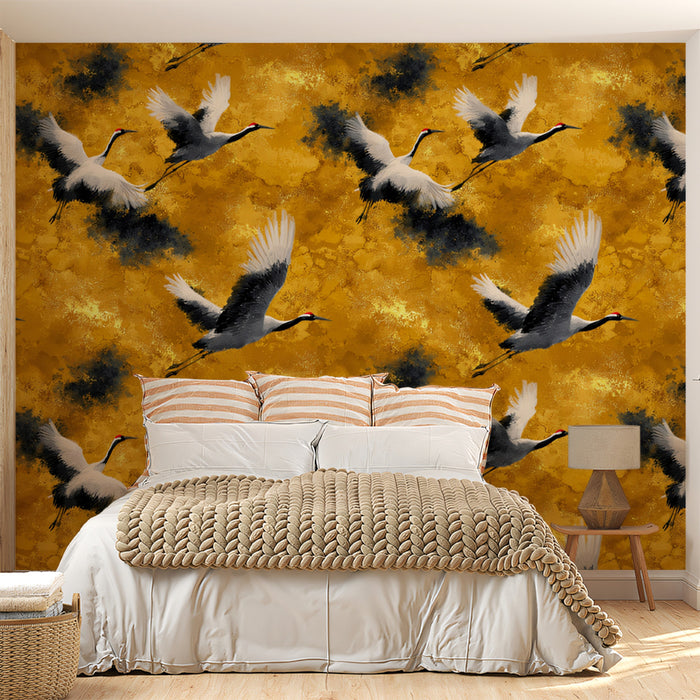 Dynamic Ink Wash Cranes Mural Wallpaper | Abstract Gold Texture, Flight Pattern, High-Contrast Motion