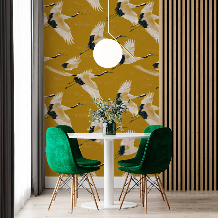 Minimalist Cranes Flight Mural Wallpaper | Clean Pattern, Mustard Yellow Background, Subtle Chinoiserie