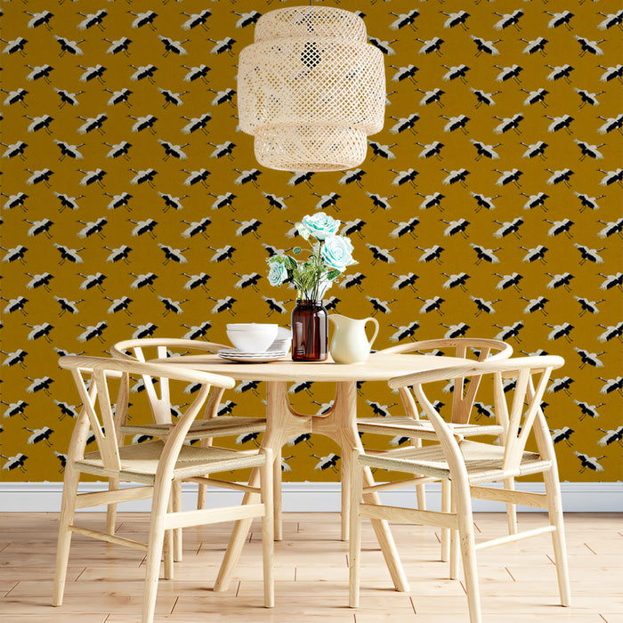Micro Crane Pattern Mural Wallpaper | Intense Mustard Yellow, Repeating Geometric Print, Whimsical Insects