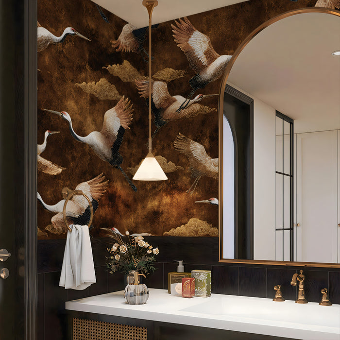 Textured Sepia Cranes Mural Wallpaper | Repeating Print, Antique Brown Backdrop, Earth Toned Chinoiserie