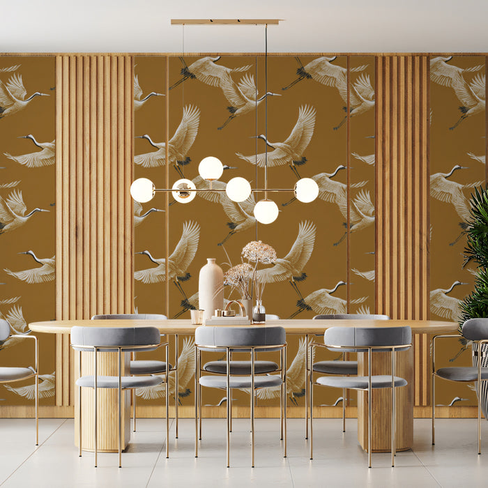 Monochromatic Ochre Cranes Mural Wallpaper | Repeating Print, Warm Earth Tone, Simple Asian Pattern