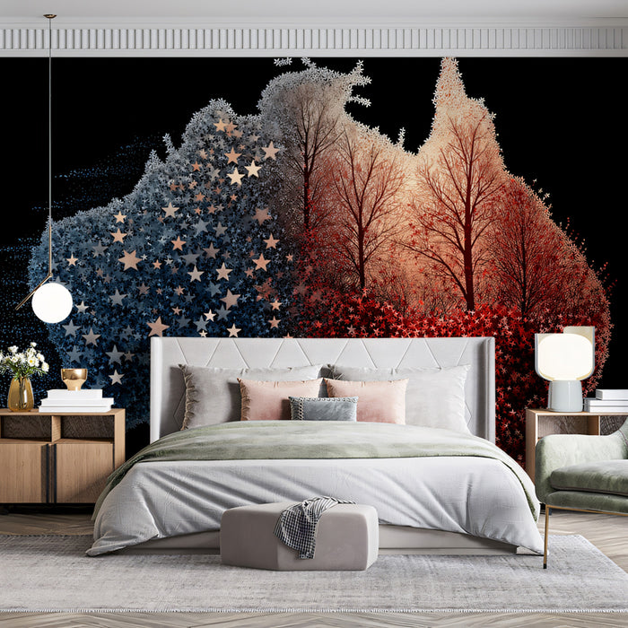Australia Fire and Ice Map Mural Wallpaper | Abstract Stars, Red and Blue Contrast, Digital Art Landscape