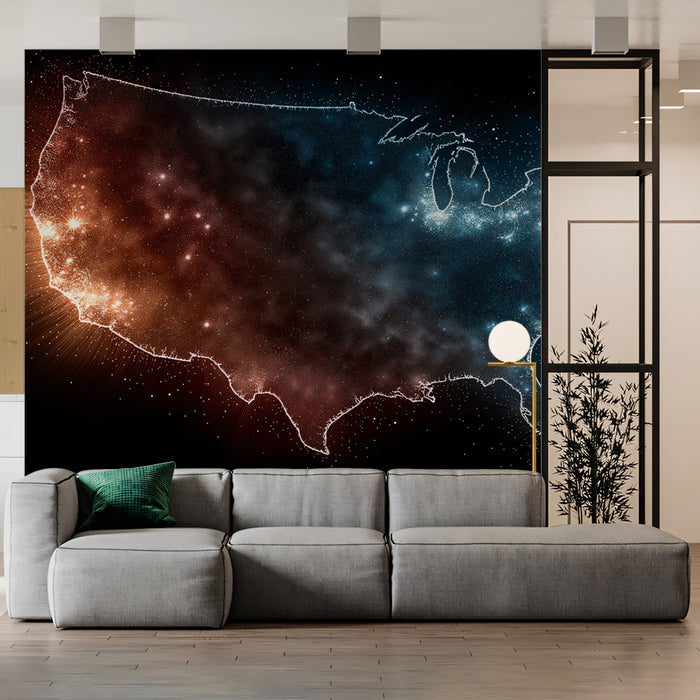 Cosmic USA Map Mural Wallpaper | Glowing Stars, Red White and Blue, Abstract Nebula Art