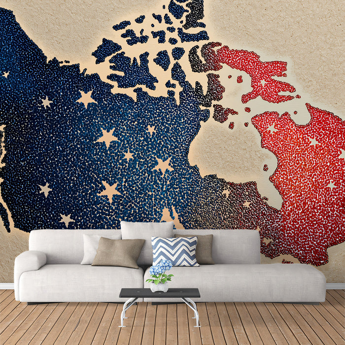 Canada Star Map Mural Wallpaper | Dot Art Texture, Red and Blue Contrast, Neutral Paper Background