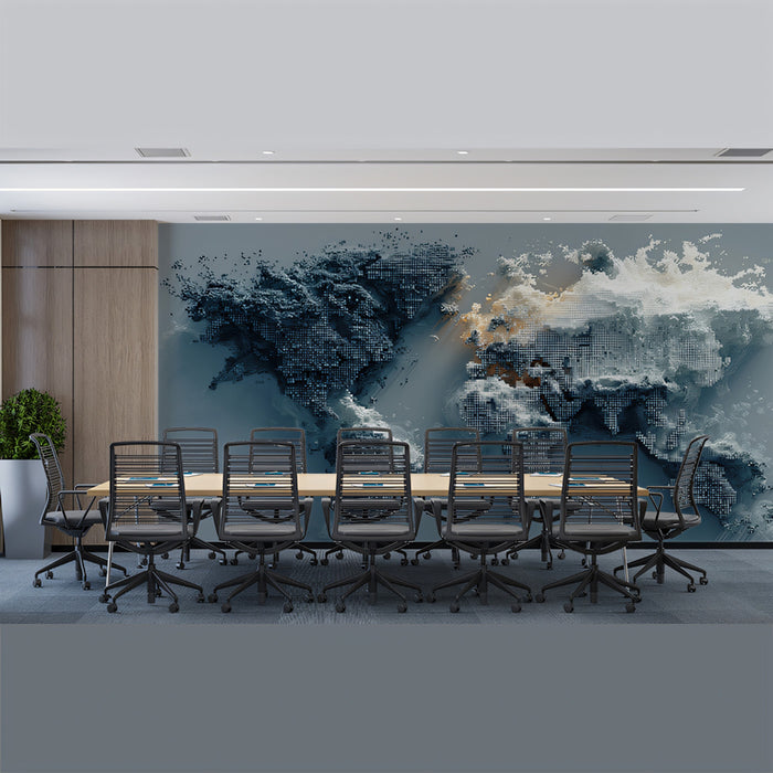 Abstract Pixel World Map Mural Wallpaper | Digital Glitch Art, Volumetric Data Texture, Monochrome Blue