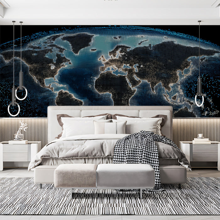 Digital Mesh World Map Mural Wallpaper | Dark Cyberpunk Aesthetic, Low-Light Grid, Global Connectivity