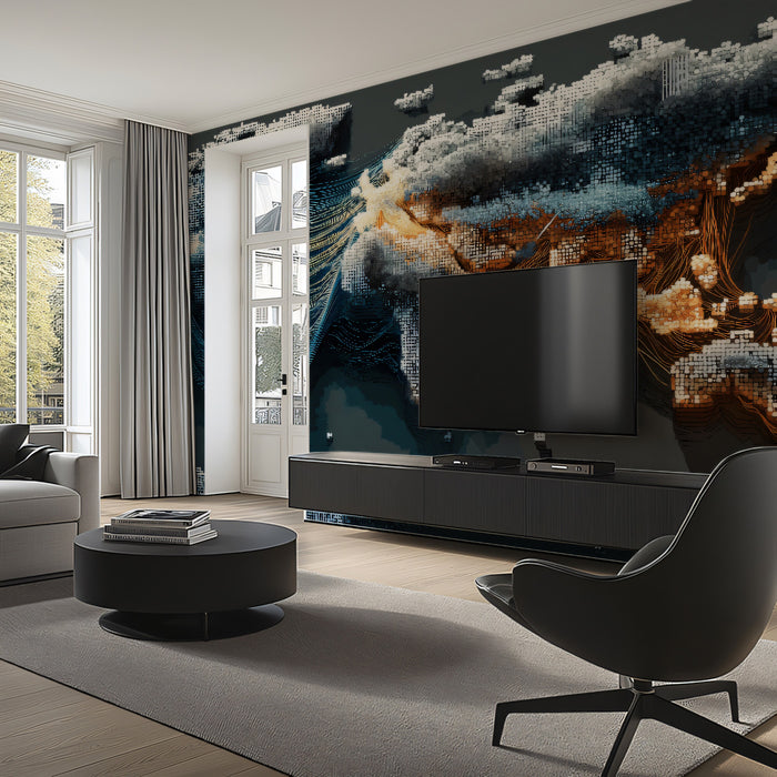Global Trade Flow Map Mural Wallpaper | Digital Pixel Texture, Blue and Orange Data Lines, High-Tech Contrast