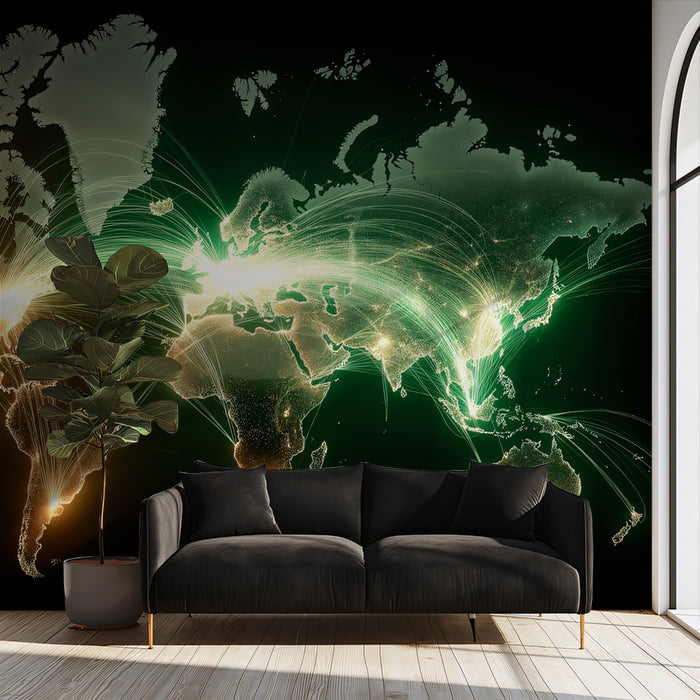 Global Connectivity Flow Mural Wallpaper | High-Impact Digital Art, Green and Gold Light, Network Visualization