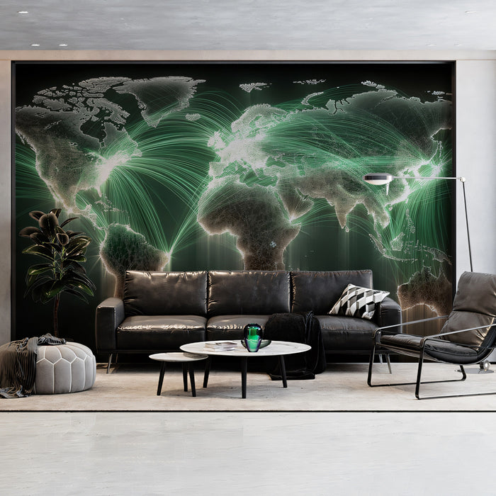 World Data Network Green Mural Wallpaper | Fiber Optic Lines, Dark Aesthetic, Intercontinental Communication