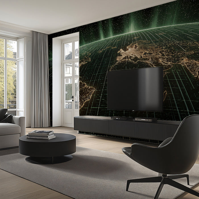 Illuminated Global Grid Mural Wallpaper | Earth from Space, City Lights Perspective, Futuristic Energy