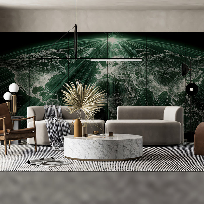Radiant Global Network Green Mural Wallpaper | Top-Down Perspective, Cyber Security Theme, Digital Illumination