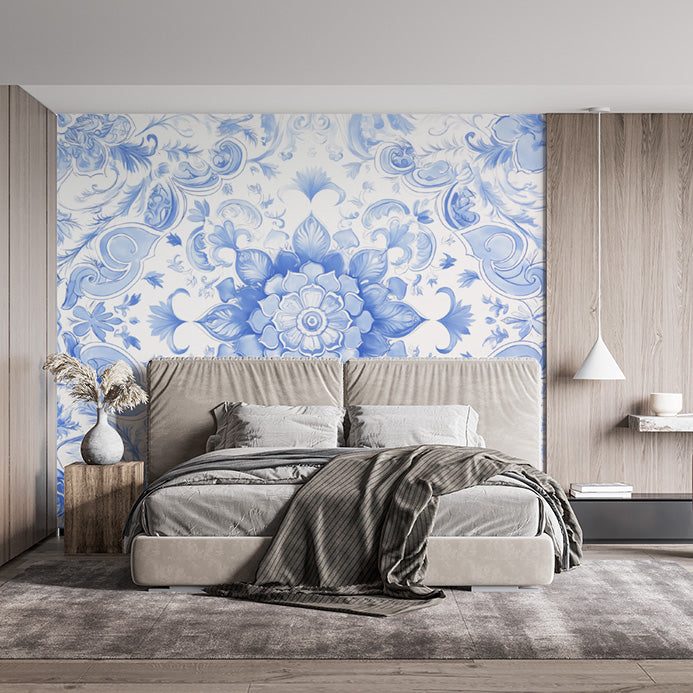 Blue Floral Pattern Wallpaper in Bedroom | Various Colors (Blue, White, etc.) of Flowers