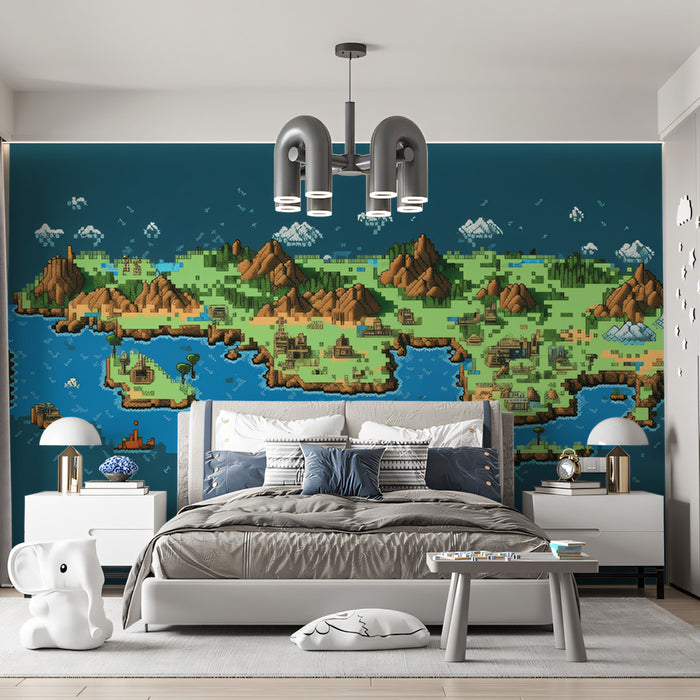 Pixel Isometric Island Mural Wallpaper | Retro Game Art, Adventure Map, 16-Bit Fantasy Landscape