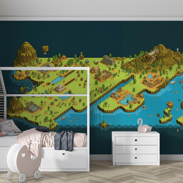 Low-Res Pixel Fantasy Island Mural Wallpaper | Detailed Isometric Map, Earthy Tones, Open World Setting