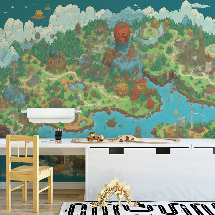 Colorful Pixel Art Megalopolis Mural Wallpaper | Fantasy City Map, Vibrant Colors, Immersive RPG World
