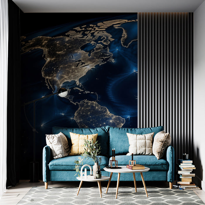 Global Night Lights Map Mural Wallpaper | High Resolution, Blue Ocean Flow, Interconnected Cities
