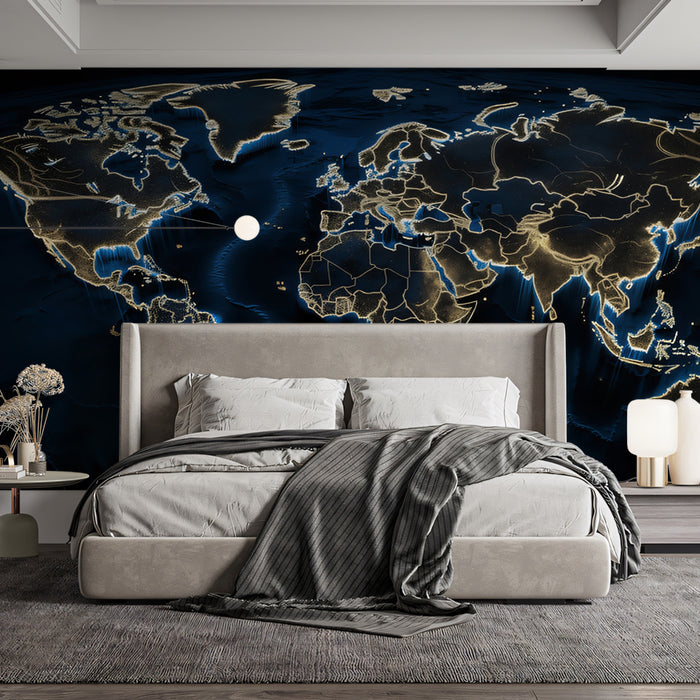 Glowing Continent Outline Mural Wallpaper | Dark Blue Ocean, Gold Edges, High-Contrast Digital Map