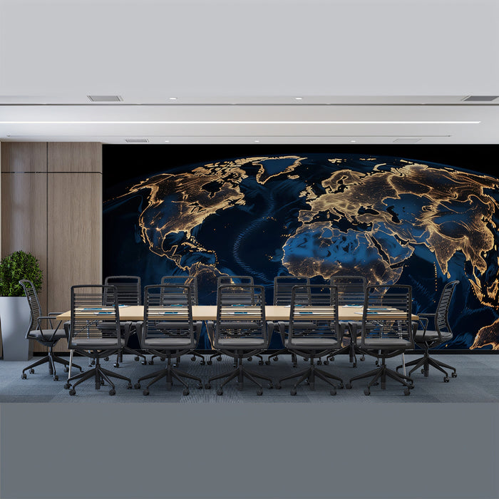 Earth Night Illumination Mural Wallpaper | Golden City Lights, Deep Navy Ocean, Atmospheric Satellite View