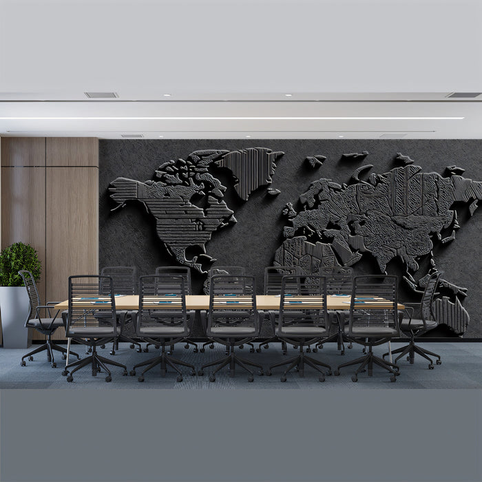 Textured Relief World Map Mural Wallpaper | Dark Monochrome, Geometric Pattern, Embossed Metal Effect