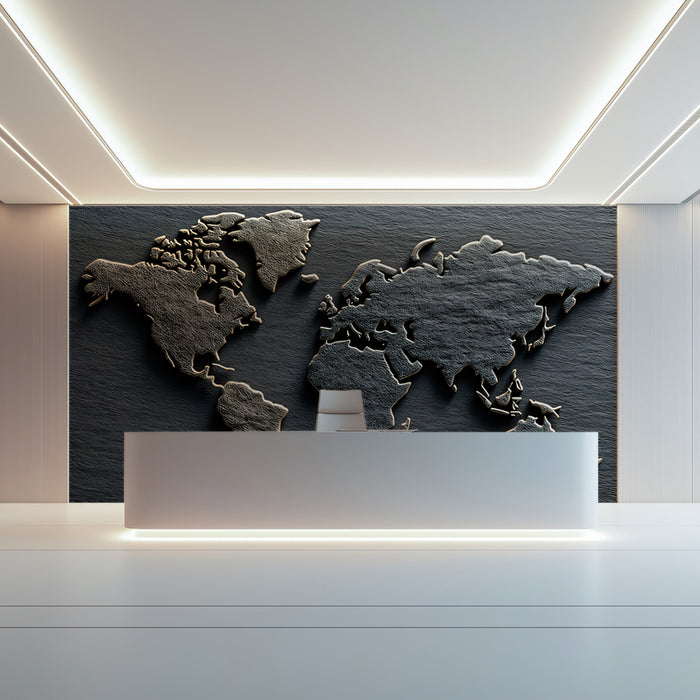 Stone Carved World Map Mural Wallpaper | Natural Rock Texture, Monochrome Gray, Elemental Earth Art