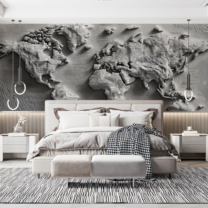 Text Relief World Map Mural Wallpaper | Paper Sculpture, Newsprint Texture, Literary Monochrome Art
