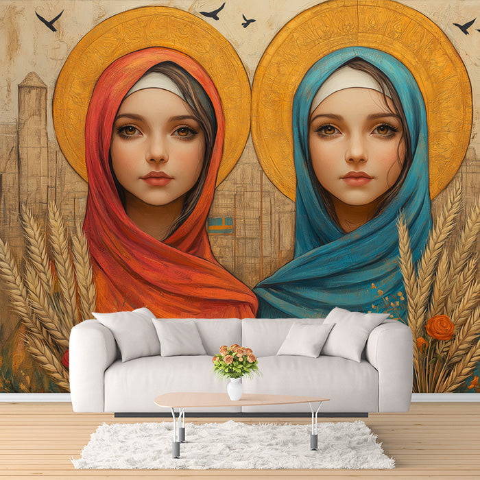 Twin Girls with Halos Wallpaper in Living Room | Various Colors (Red, Blue, Gold, etc.) of Islamic Girls