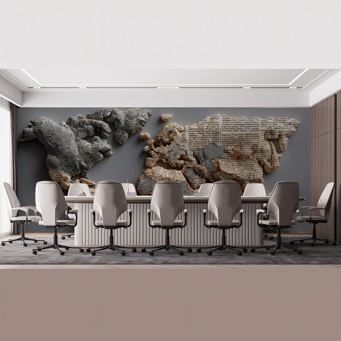 Narrative Paper World Map Mural Wallpaper | Multi-Tone Text Sculpture, Warm Sepia and Gray, Artistic Cartography
