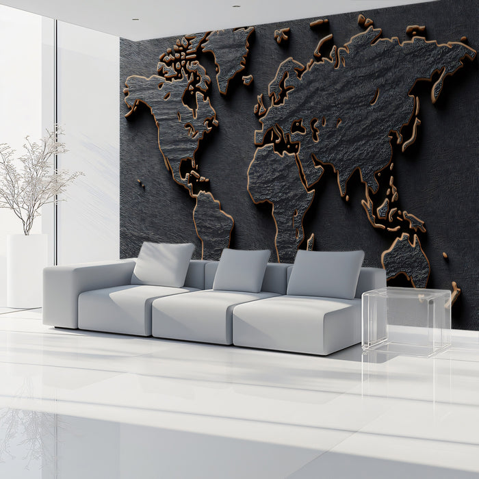 Textured Slate World Map Mural Wallpaper | Copper Outline, Dark Monochrome Relief, High-Contrast Global Art
