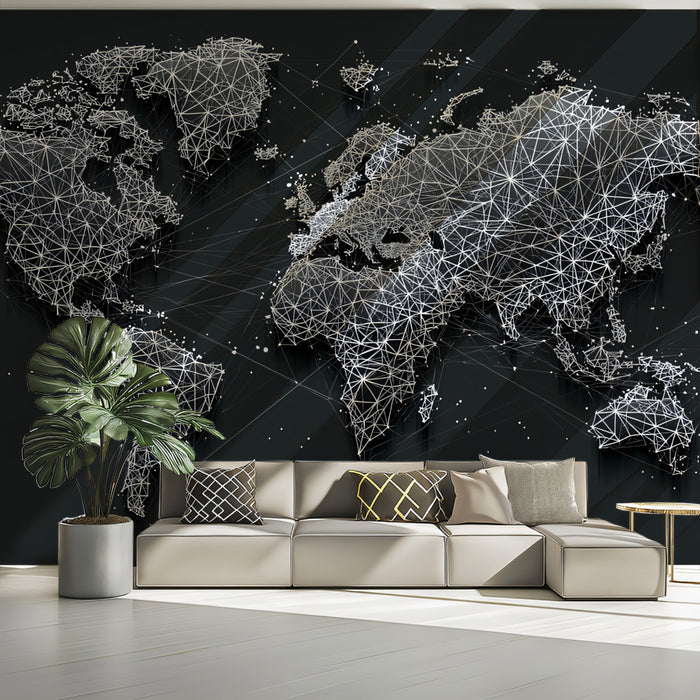 Geometric Global Network Mural Wallpaper | Low-Poly Mesh, Digital World Map, Dark High-Tech Aesthetic