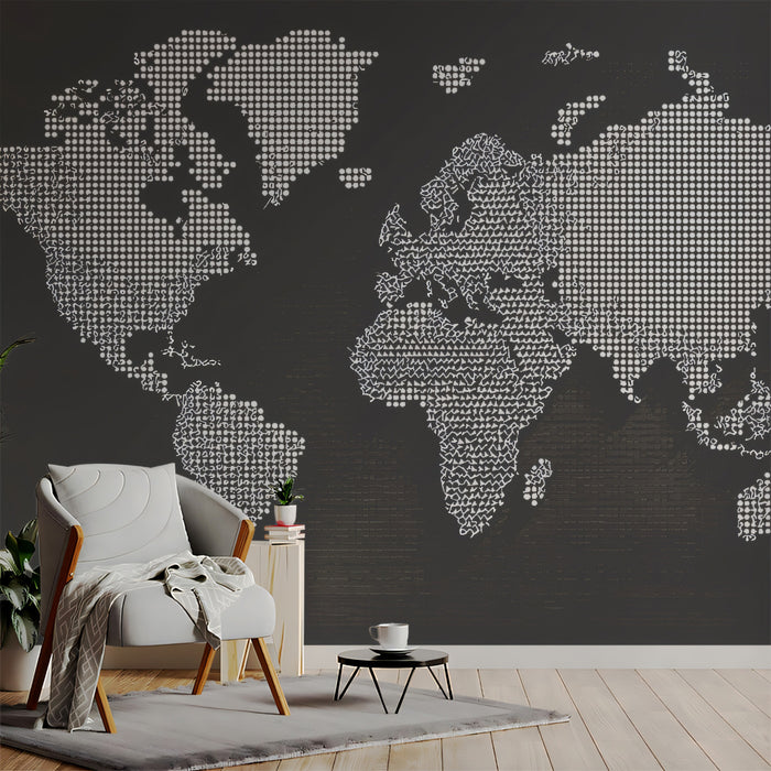 Monochrome Halftone World Map Mural Wallpaper | High-Contrast Dot Matrix, Pop Art Cartography, Minimalist