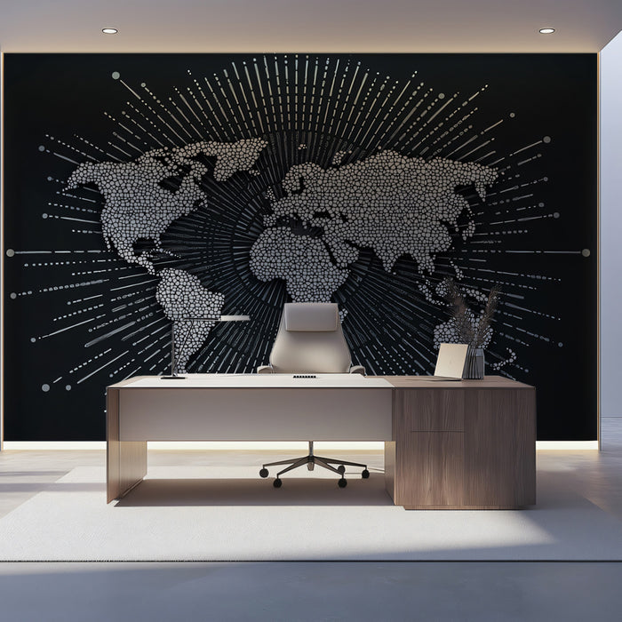 Stippled Global Burst Mural Wallpaper | Dark Monochrome, Pointillism Map, Central Radiating Energy