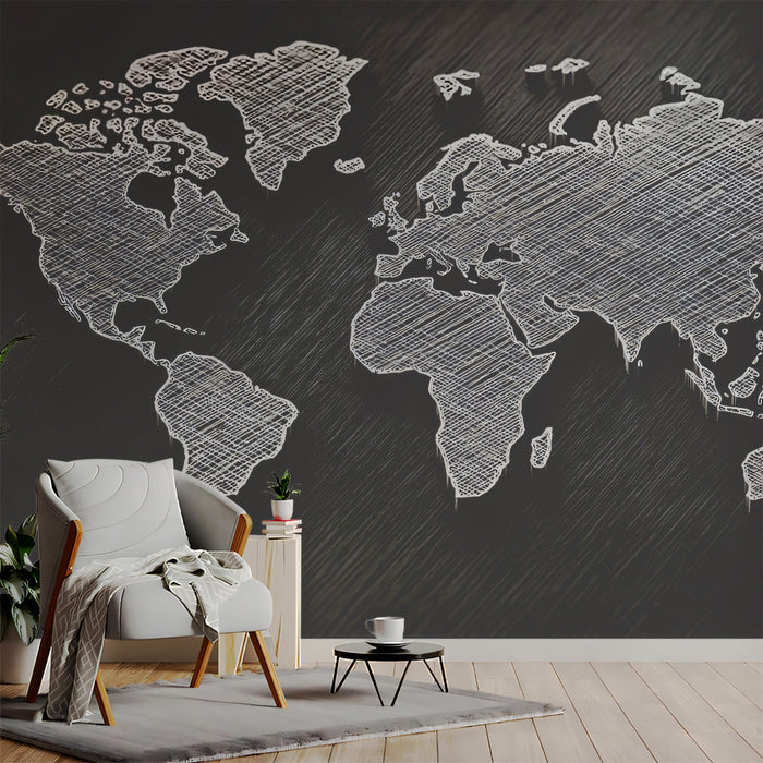 Engraved Sketch World Map Mural Wallpaper | Etched Lines, Charcoal Texture, Artistic Cartography