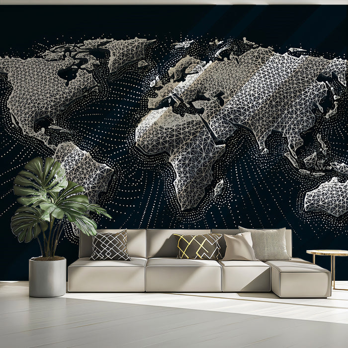 Polygonal Mesh World Map Mural Wallpaper | Low-Poly Relief, High-Tech Connectivity, Abstract Global Data