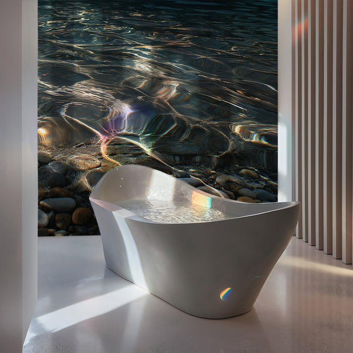Deep Water Pebble Shore Mural Wallpaper | Sunlit Riffles, Dark Ocean, Natural Earth Tones
