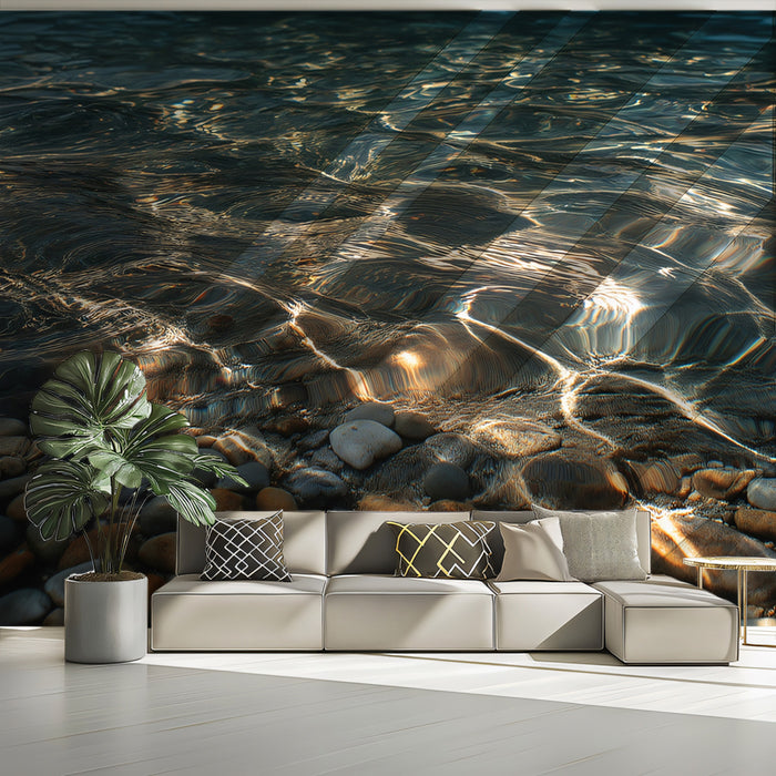 Deep Water Pebble Shore Mural Wallpaper | Sunlit Riffles, Dark Ocean, Natural Earth Tones