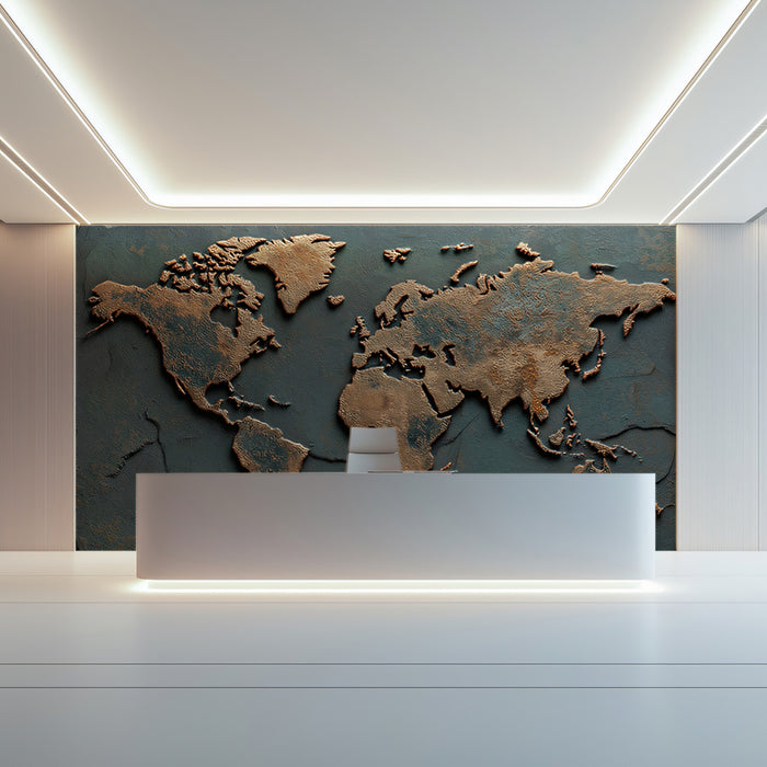 Aged Copper and Slate World Map Mural Wallpaper | Oxidized Metal Relief, Rustic Patina, Elemental Earth Art