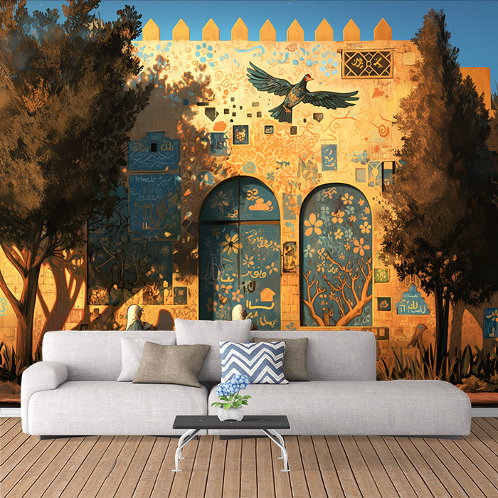 Mediterranean Village Mural Wallpaper in Living Room | Various Colors (Yellow, Blue, Green, etc.)