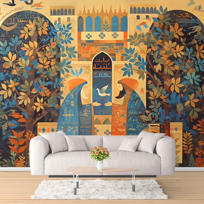 Mediterranean Village Mural Wallpaper in Living Room | Various Colors (Yellow, Blue, Green, etc.)